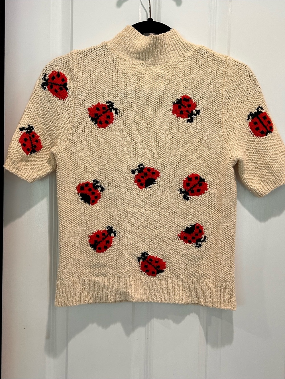 Maeve Anthropologie Ladybug Sweater Top Small Cream Mock Neck Short Sleeve Knit - Picture 4 of 6